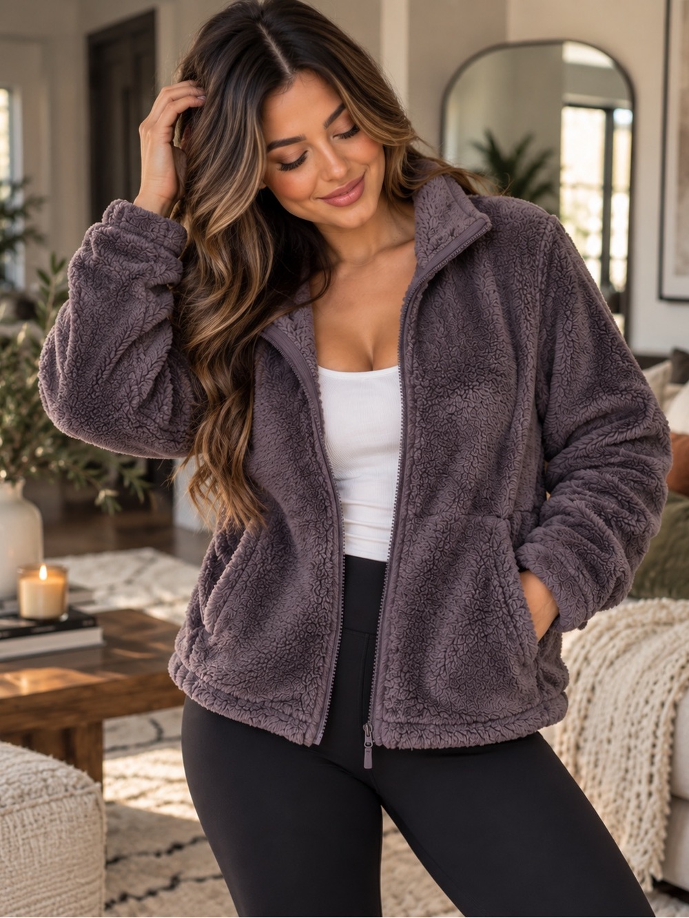 32 Degrees Heat Women’s L Purple Gray Sherpa Fleece Zip Jacket